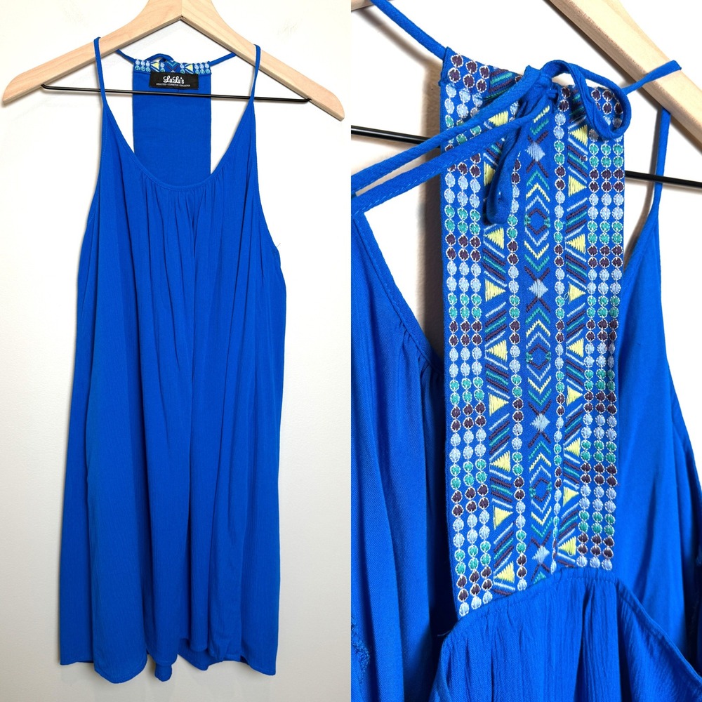 Lulus Capri Blue Embroidered Racerback Top Boho Sleeveless Tank Womens L